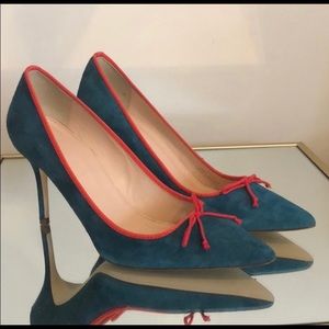 J.Crew Blue suede & red lace bow shoes